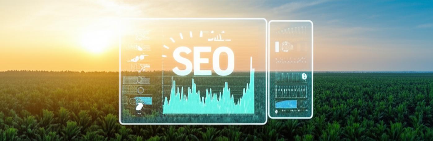 Bến Tre coconut sunrise with SEO analytics display.