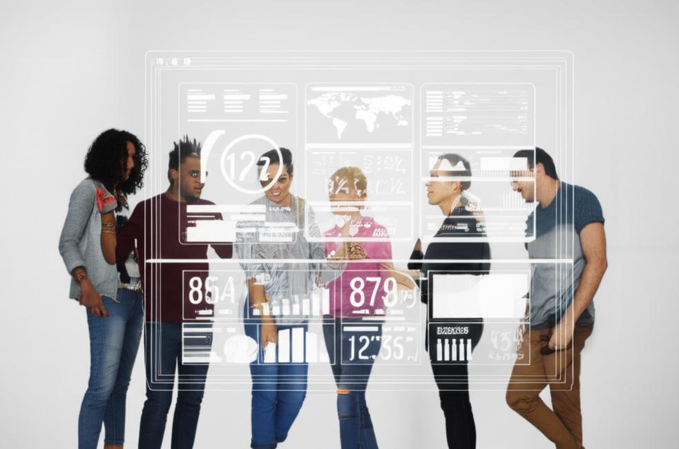 People interacting with holographic analytics showing website engagement.