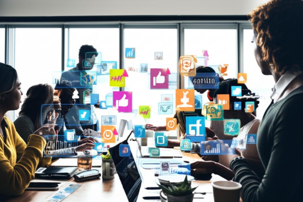 Team brainstorms social media strategy for 2025.