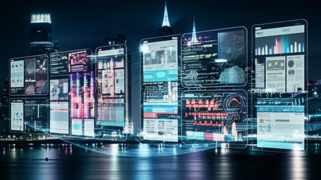 AI SEO website optimization in future cityscape.