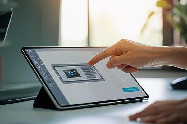 Người dùng phổ thông tương tác AI tạo sinh trên máy tính bảng, không gian làm việc sáng tạo.