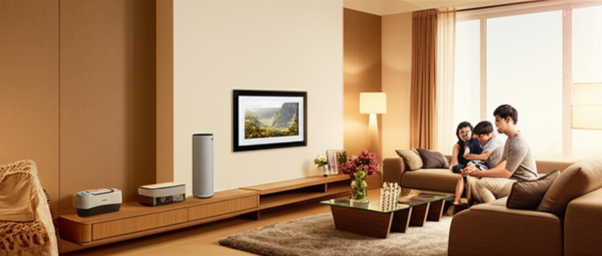 Smart home living room: tech and comfort.