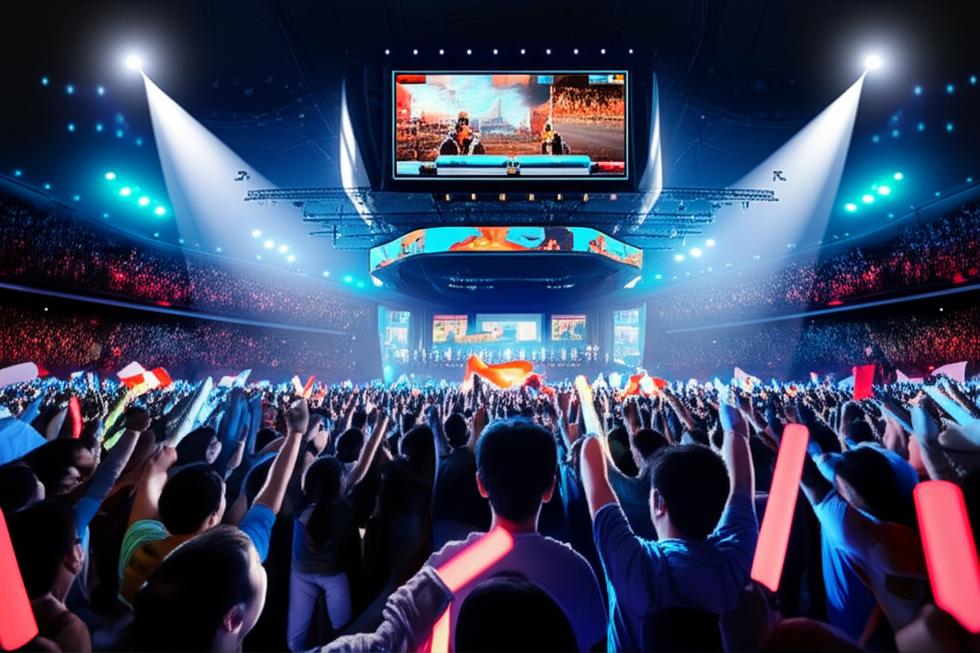Sân vận động eSports náo nhiệt, đầy màu sắc.