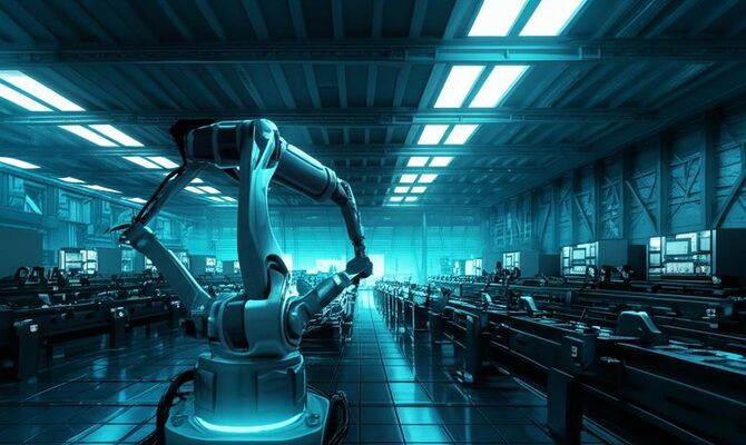 Robot điều hành dây chuyền sản xuất, thể hiện sự tự động hóa trong doanh nghiệp.