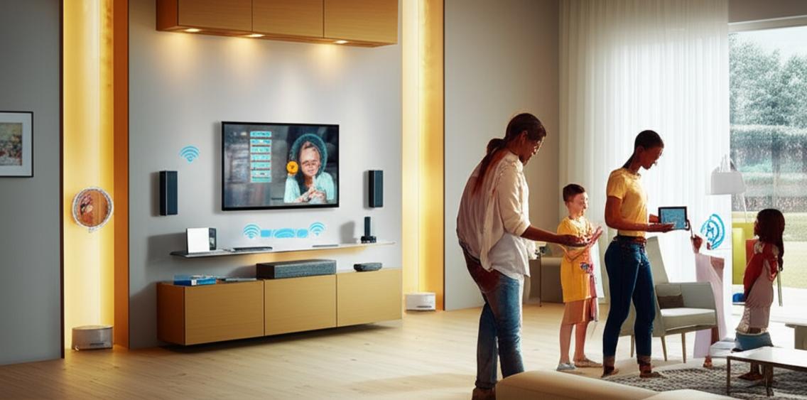 Phòng khách hiện đại với thiết bị nhà thông minh