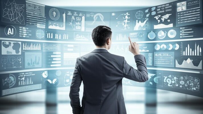 Doanh nhân làm việc với AI, thể hiện tầm nhìn về tương lai số 2025.