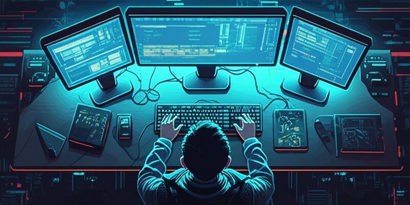 Hình ảnh nhà văn sử dụng AI tạo nội dung, phong cách cyberpunk, tương lai sáng tạo.