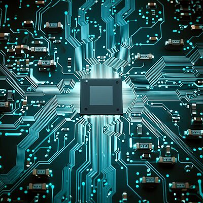 Chip Edge AI với kết nối phức tạp, mạch điện tử phát sáng, phong cách tương lai