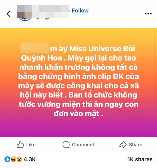 Xôn xao tin đồn Miss Universe Bùi Quỳnh Hoa bị dọa tung ‘clip nóng’